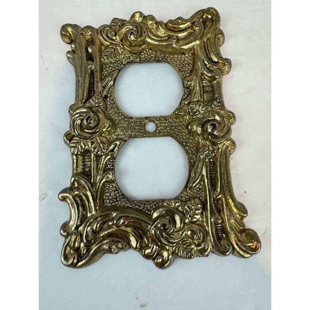Vintage Brass Gold Tone Ornate Outlet Cover Plate Rococo Floral Cast Metal